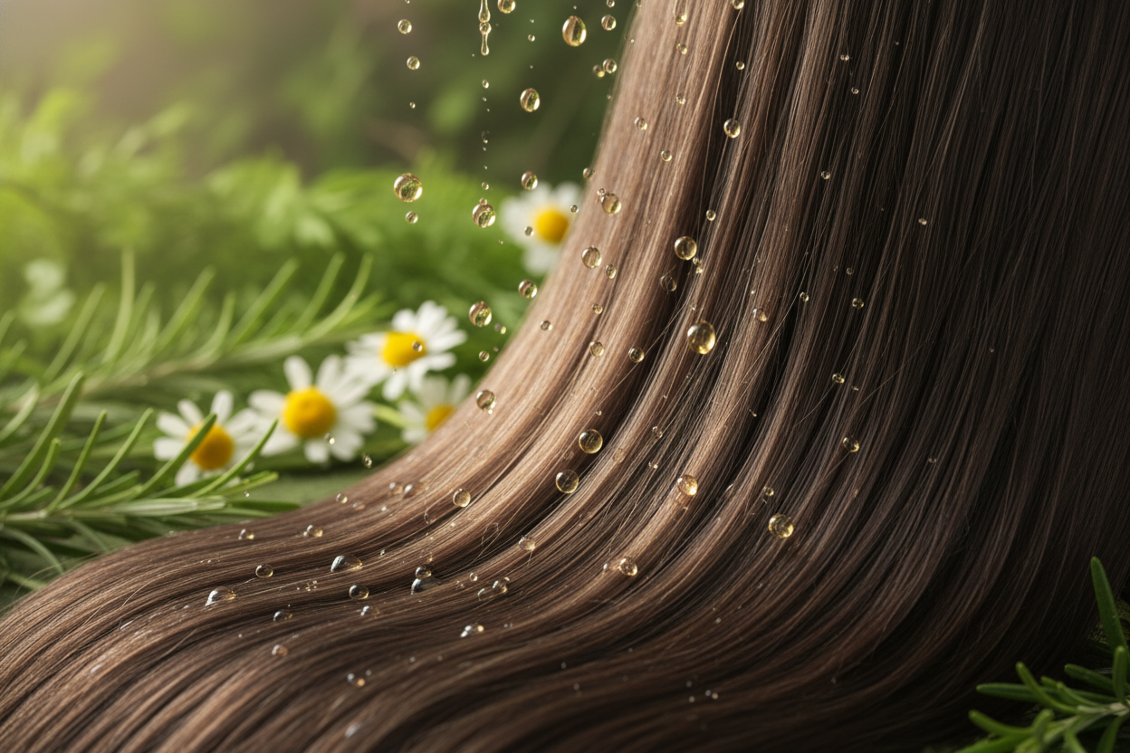 Un cabello largo y brillante con gotas de aceite cayendo suavemente sobre los mechones, reflejando la luz, rodeado de un fondo verde con hojas de romero y flores de manzanilla , transmitiendo frescura, naturalidad y cuidado capilar, resaltando la textura sedosa y saludable del cabello, estilo realista y luminoso.